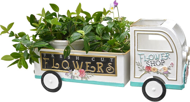 Farmhouse Small Flower Cart Metal Truck Decor Wagon Planters for Outdoor Plants Decorative Planters Vintage Indoor Plant Cart for Patio Garden Balcony White