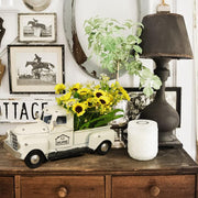 White Vintage Truck Decor with Sunflowers Artificial Flowers, Metal Truck Decor with LED String Lights for Tiered Tray Decor Items Mini Sunflower Decor Rustic Home Decor Farmhouse Table Decor
