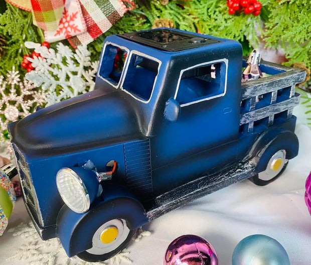 Solar Lighted Pickup Truck Planter Statue for Outdoor Decorations,Retro Style Vintage Resin Truck Flower Pot, Plant Pots Succulent Patio Lawn Garden Outside Decor (Blue)