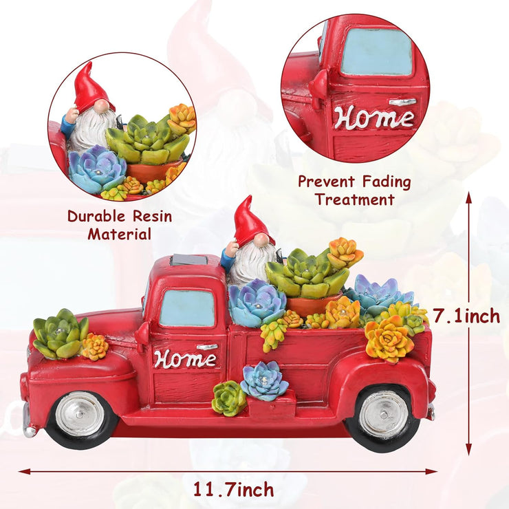 Garden Statue Outdoor Decor, Red Truck Gnome Solar Garden Statues with Succulent Decorations, Resin Car Gnome Outdoor Statues for Garden Courtyard Lawn Yard Christmas Decor