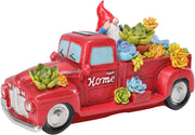 Garden Statue Outdoor Decor, Red Truck Gnome Solar Garden Statues with Succulent Decorations, Resin Car Gnome Outdoor Statues for Garden Courtyard Lawn Yard Christmas Decor