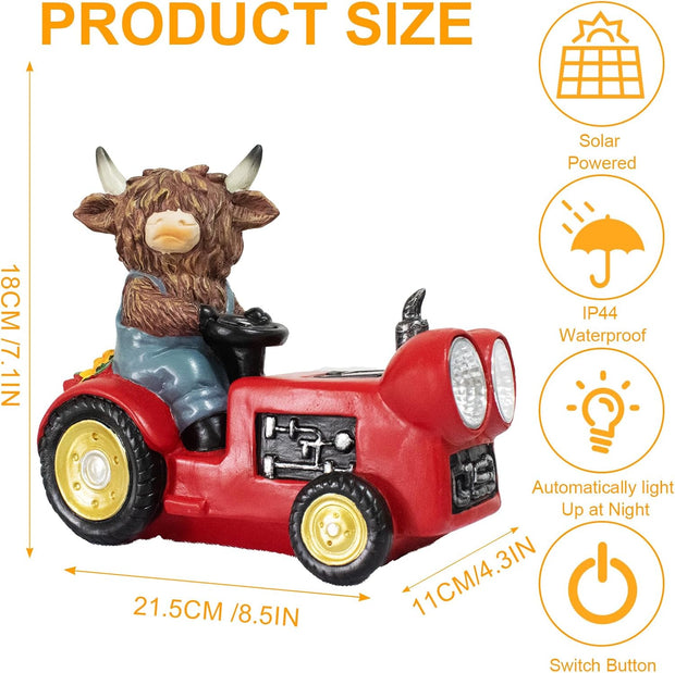 Solar Highland Cow Driving Car Garden Decor Statue, Outdoor Solar Light Decoration for Yard, Patio, Housewarming, Lawn, Birthday Gift for Women, Mom