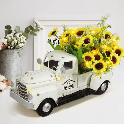 White Vintage Truck Decor with Sunflowers Artificial Flowers, Metal Truck Decor with LED String Lights for Tiered Tray Decor Items Mini Sunflower Decor Rustic Home Decor Farmhouse Table Decor