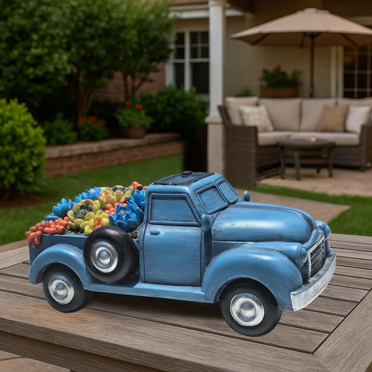 Garden Décor Outdoor Solar Lights, Blue Resin Truck Statue with Succulen Patio Lights for Home Décor, 8 LED Lights Solar Statues for Garden, Balcony, Yard Ornament, 9.6 x 4.7 x 4.3 inches