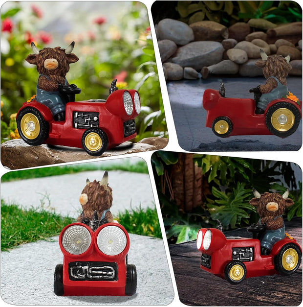 Solar Highland Cow Driving Car Garden Decor Statue, Outdoor Solar Light Decoration for Yard, Patio, Housewarming, Lawn, Birthday Gift for Women, Mom
