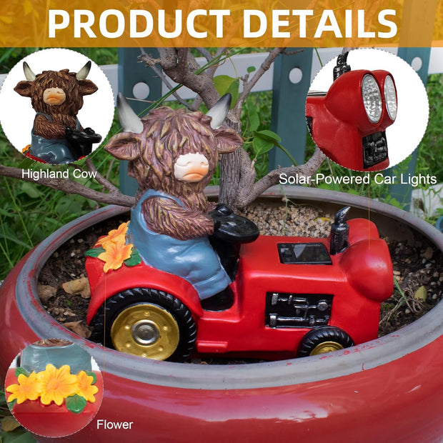 Solar Highland Cow Driving Car Garden Decor Statue, Outdoor Solar Light Decoration for Yard, Patio, Housewarming, Lawn, Birthday Gift for Women, Mom