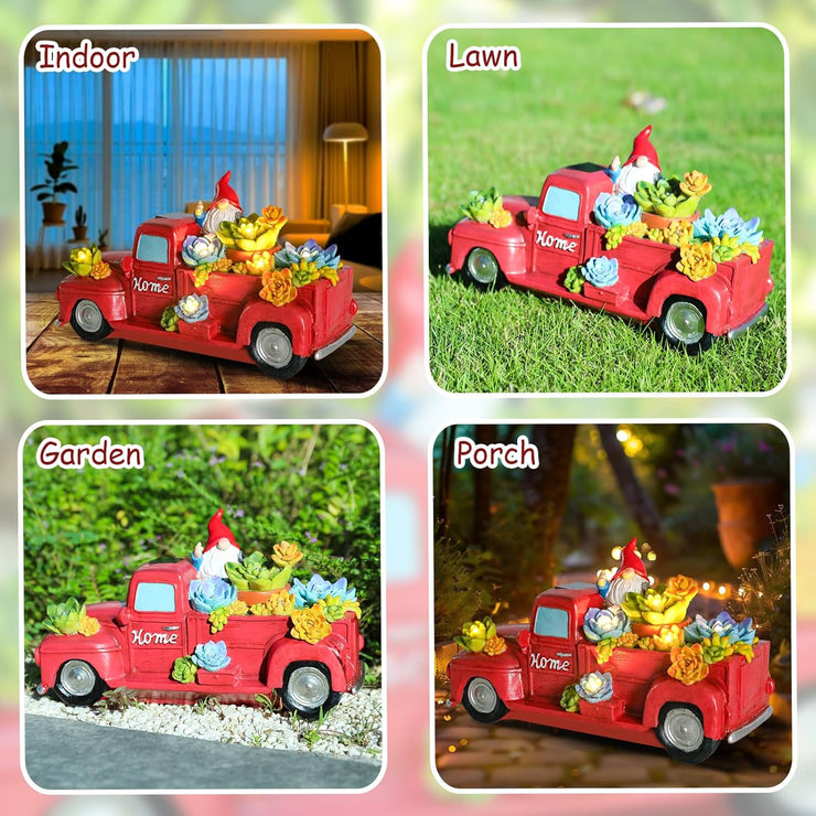 Garden Statue Outdoor Decor, Red Truck Gnome Solar Garden Statues with Succulent Decorations, Resin Car Gnome Outdoor Statues for Garden Courtyard Lawn Yard Christmas Decor
