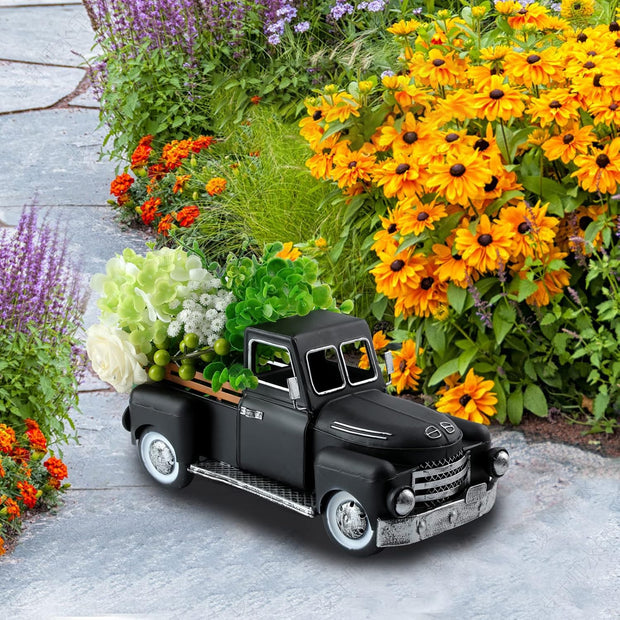 Farmhouse Black Truck Decor, Vintage Metal Trucks Decoration, Home Decorative Truck, Rustic Farm Garden Pickup Truck Planter. Shelf Centerpiece Table Decorations & Car Model Gifts
